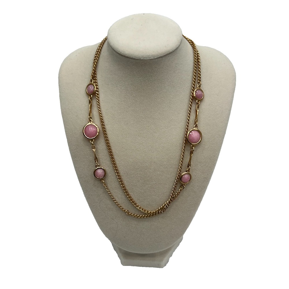 Sarah Coventry Vintage Style Pink Long Chain Station Vintage Style Necklace 32"